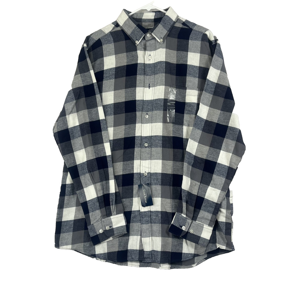 NWT Club Room Flannel Shirt Mens Large Navy Grey Plaid Button Down